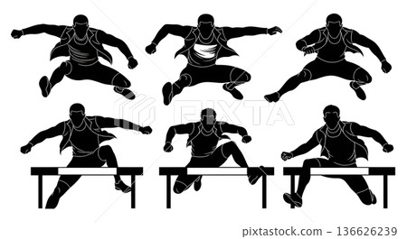 Black Solid Hurdle Track Suit Open Silhouettes Set of Six on White Background Black Solid Hurdle Track Suit Open Silhouettes Set of Six on White Background 136626239