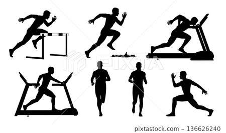 Black Solid Hurdle Treadmill Running Silhouettes Set of Six on White Background Black Solid Hurdle Treadmill Running Silhouettes Set of Six on White Background 136626240