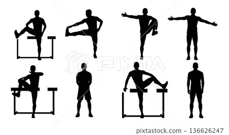 Black Solid Hurdle Warm-Up Stretching Silhouettes Set of Six on White Background 136626247