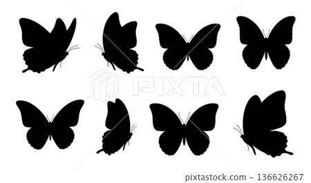 Black Solid Implied Texture Butterfly Silhouettes Set of Six on White Background 136626267