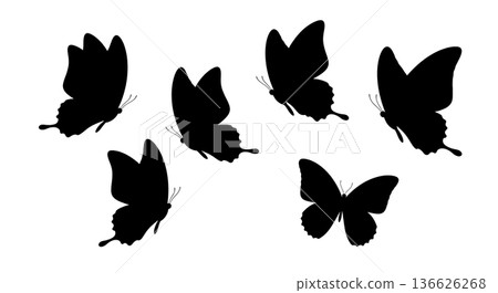 Black Solid Implied Transparency Butterfly Silhouettes Set of Six on White Background 136626268