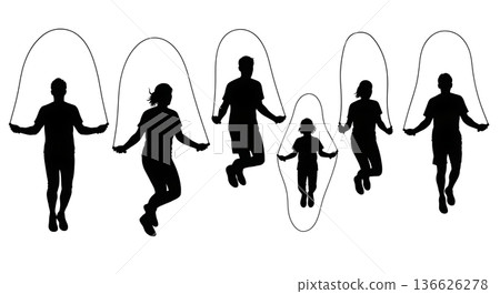 Black Solid Jump Rope Skipping Silhouettes Set of Six on White Background Black Solid Jump Rope Skipping Silhouettes Set of Six on White Background 136626278