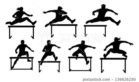 Black Solid Junior Hurdle Beginner Silhouettes Set of Six on White Background 136626280