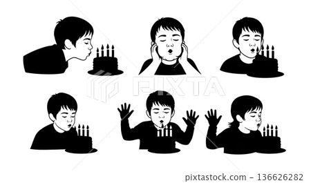 Black Solid Kids Blowing Out Birthday Candles Silhouettes Set of Six on White Background 136626282