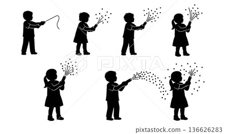 Black Solid Kids Playing with Confetti Poppers Silhouettes Set of Six on White Background Black Solid Kids Playing with Confetti Poppers Silhouettes Set of Six on White Background 136626283