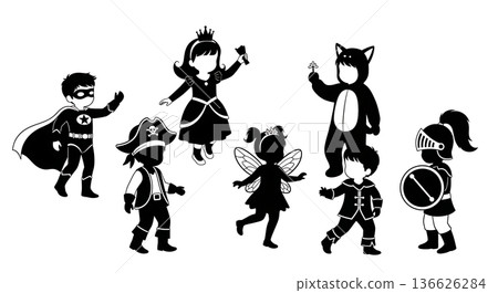 Black Solid Kids Dress-Up Party Silhouettes Set of Six on White Background 136626284