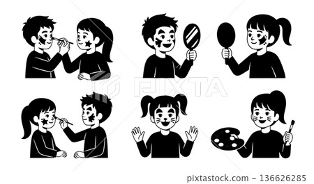 Black Solid Kids Face Painting Silhouettes Set of Six on White Background 136626285
