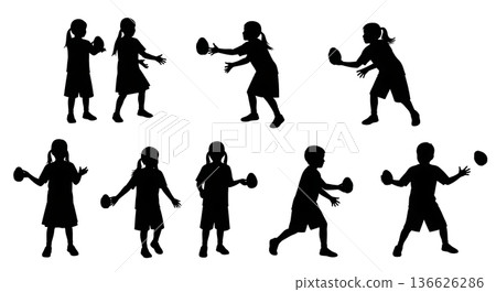 Black Solid Kids Hot Potato Silhouettes Set of Six on White Background Black Solid Kids Hot Potato Silhouettes Set of Six on White Background 136626286