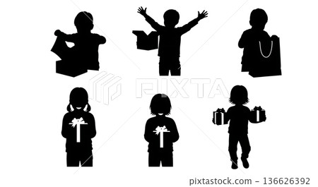 Black Solid Kids Opening Gifts Silhouettes Set of Six on White Background 136626392