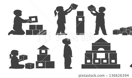 Black Solid Kids Building with Party Blocks Silhouettes Set of Six on White Background Black Solid Kids Building with Party Blocks Silhouettes Set of Six on White Background 136626394