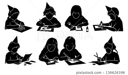 Black Solid Kids Party Crafts Silhouettes Set of Six on White Background 136626396