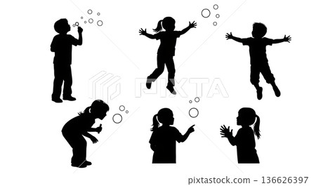 Black Solid Kids Playing with Bubbles Silhouettes Set of Six on White Background Black Solid Kids Playing with Bubbles Silhouettes Set of Six on White Background 136626397