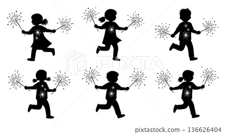 Black Solid Kids Running with Sparklers Silhouettes Set of Six on White Background Black Solid Kids Running with Sparklers Silhouettes Set of Six on White Background 136626404