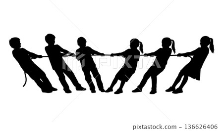 Black Solid Kids Tug-of-War Silhouettes Set of Six on White Background Black Solid Kids Tug-of-War Silhouettes Set of Six on White Background 136626406
