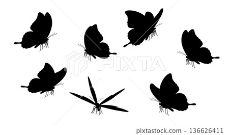 Black Solid Landing Butterfly Silhouettes Set of Six on White Background 136626411