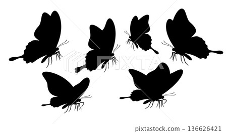 Black Solid Leg Count Butterfly Silhouettes Set of Six on White Background 136626421