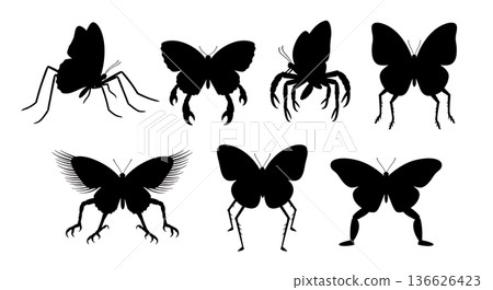 Black Solid Leg Structure Butterfly Silhouettes Set of Six on White Background Black Solid Leg Structure Butterfly Silhouettes Set of Six on White Background 136626423