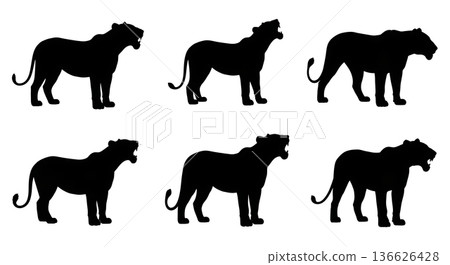 Black Solid Lioness Calling Her Cubs Silhouettes Set of Six on White Background Black Solid Lioness Calling Her Cubs Silhouettes Set of Six on White Background 136626428
