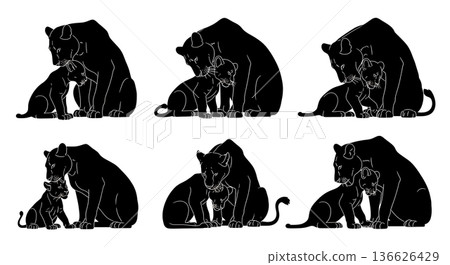 Black Solid Lioness Cleaning Cub Silhouettes Set of Six on White Background Black Solid Lioness Cleaning Cub Silhouettes Set of Six on White Background 136626429