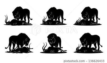 Black Solid Lion with Kill Silhouettes Set of Six on White Background 136626433