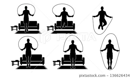 Black Solid Living Room Jump Rope Silhouettes Set of Six on White Background 136626434