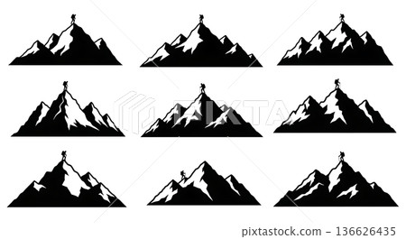 Black Solid Lone Hiker Mountain Silhouettes Set of Six on White Background 136626435