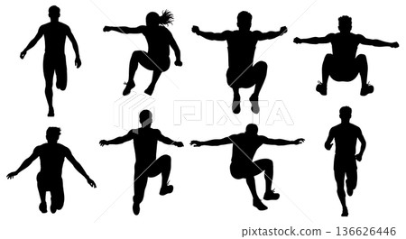 Black Solid Long Jump Calm Readiness Silhouettes Set of Six on White Background 136626446