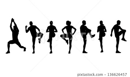 Black Solid Long Jump Dynamic Stretching Silhouettes Set of Six on White Background Black Solid Long Jump Dynamic Stretching Silhouettes Set of Six on White Background 136626457