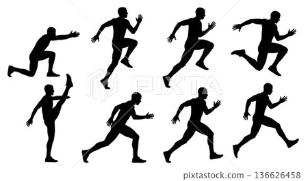 Black Solid Long Jump Endurance Running Silhouettes Set of Six on White Background Black Solid Long Jump Endurance Running Silhouettes Set of Six on White Background 136626458
