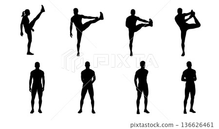 Black Solid Long Jump Flexibility Stretches Silhouettes Set of Six on White Background Black Solid Long Jump Flexibility Stretches Silhouettes Set of Six on White Background 136626461