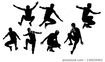 Black Solid Long Jump Foot Contact Board Silhouettes Set of Six on White Background 136626463