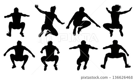Black Solid Long Jump Hang Technique Silhouettes Set of Six on White Background Black Solid Long Jump Hang Technique Silhouettes Set of Six on White Background 136626468