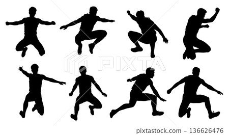 Black Solid Long Jump Intense Exertion Silhouettes Set of Six on White Background 136626476