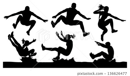 Black Solid Long Jump Landing Positions Silhouettes Set of Six on White Background Black Solid Long Jump Landing Positions Silhouettes Set of Six on White Background 136626477