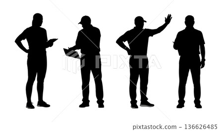 Black Solid Long Jump Officials Coaches Silhouettes Set of Six on White Background Black Solid Long Jump Officials Coaches Silhouettes Set of Six on White Background 136626485