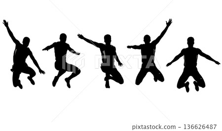 Black Solid Long Jump Peak Suspension Silhouettes Set of Six on White Background Black Solid Long Jump Peak Suspension Silhouettes Set of Six on White Background 136626487