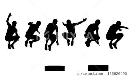 Black Solid Long Jump Plyometric Box Jumps Silhouettes Set of Six on White Background 136626490