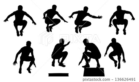 Black Solid Long Jump Plyometric Exercises Silhouettes Set of Six on White Background 136626491