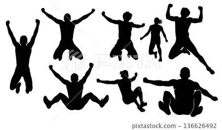 Black Solid Long Jump Positive Self-Affirmation Silhouettes Set of Six on White Background Black Solid Long Jump Positive Self-Affirmation Silhouettes Set of Six on White Background 136626492
