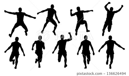 Black Solid Long Jump Powerful Arm Drive Silhouettes Set of Six on White Background Black Solid Long Jump Powerful Arm Drive Silhouettes Set of Six on White Background 136626494