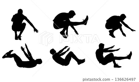 Black Solid Long Jump Power Landing Silhouettes Set of Six on White Background Black Solid Long Jump Power Landing Silhouettes Set of Six on White Background 136626497