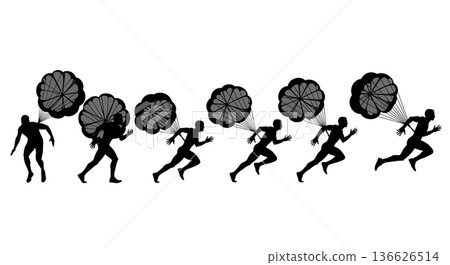 Black Solid Long Jump Resistance Parachute Sprints Silhouettes Set of Six on White Background 136626514