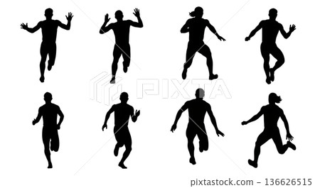Black Solid Long Jump Running Styles Silhouettes Set of Six on White Background 136626515