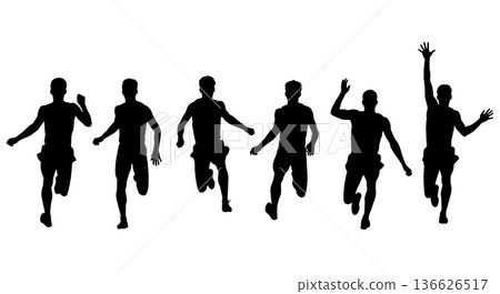 Black Solid Long Jump Run-Up Styles Silhouettes Set of Six on White Background 136626517