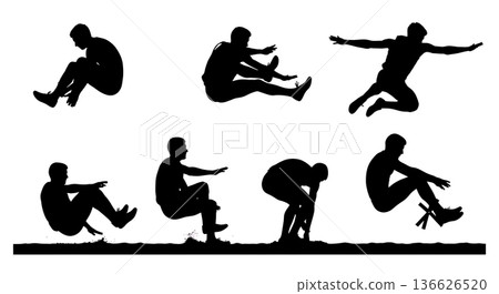 Black Solid Long Jump Sand Pit Practice Silhouettes Set of Six on White Background Black Solid Long Jump Sand Pit Practice Silhouettes Set of Six on White Background 136626520