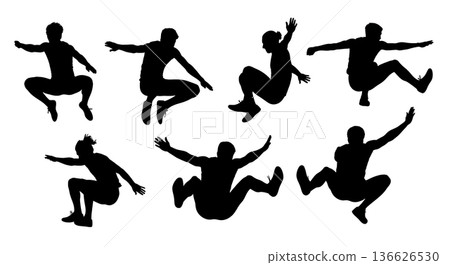 Black Solid Long Jump Straddle Technique Silhouettes Set of Six on White Background 136626530