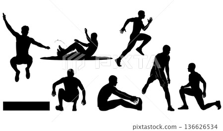 Black Solid Long Jump Training Drills Silhouettes Set of Six on White Background Black Solid Long Jump Training Drills Silhouettes Set of Six on White Background 136626534