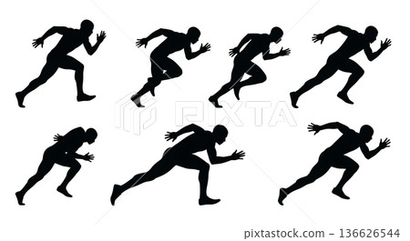 Black Solid Low Ground Acceleration Silhouettes Set of Six on White Background Black Solid Low Ground Acceleration Silhouettes Set of Six on White Background 136626544