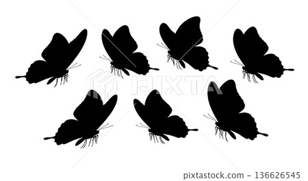 Black Solid Low Skimming Butterfly Silhouettes Set of Six on White Background 136626545