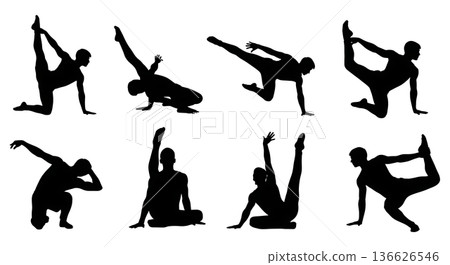 Black Solid Male Gymnast Artistic Floor Silhouettes Set of Six on White Background Black Solid Male Gymnast Artistic Floor Silhouettes Set of Six on White Background 136626546